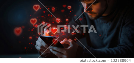 Man using smartphone with red glowing hearts symbolizing online love 132588904