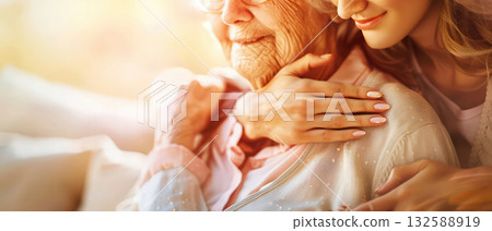 Generations love young woman hugging elderly woman family connection Generations love young woman hugging elderly woman family connection 132588919