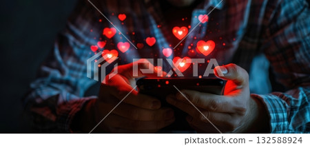 Man using smartphone with red glowing hearts symbolizing online love 132588924
