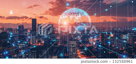 City skyline with holographic digital globe and data network City skyline with holographic digital globe and data network 132588961