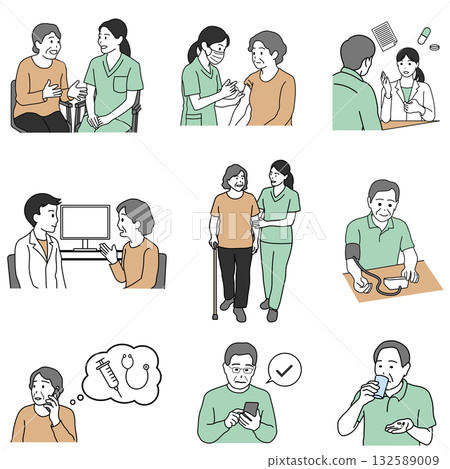 Elderly people and medical workers health management illustration set 132589009