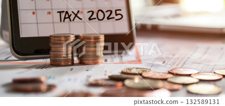 Calendar marked TAX 2025 with stacks of coins on desk 132589131