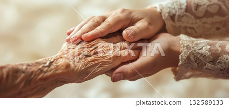 Elderly and young hands together compassion and family support concept 132589133