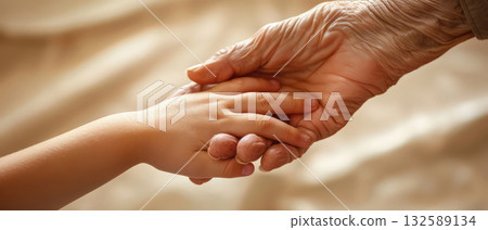 Elderly and child hands together symbol of love and family care Elderly and child hands together symbol of love and family care 132589134