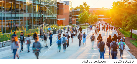 Crowd of students walking on modern university campus at sunset Crowd of students walking on modern university campus at sunset 132589139