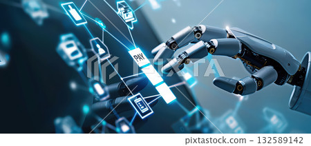 Robot hand pressing pay button on touchscreen device concept of digital finance 132589142