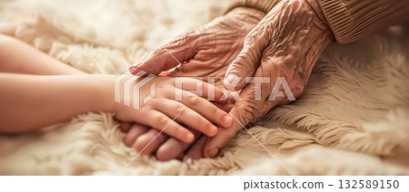 Elderly and child hands together symbol of love and family care 132589150