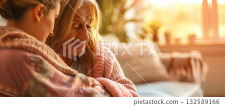 Generations love young woman hugging elderly woman family connection Generations love young woman hugging elderly woman family connection 132589166