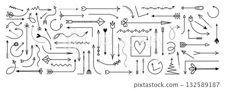 Decorative black line arrows doodle set, vector monochrome navigation symbols. Linear signs in different shapes and directions, flat contour infographic elements Decorative black line arrows doodle set, vector monochrome navigation symbols. Linear signs in different shapes and directions, flat contour infographic elements 132589187