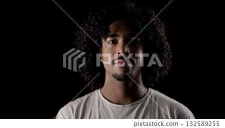 Portrait of confident young african american man with curly hair posing on black background Portrait of confident young african american man with curly hair posing on black background 132589255