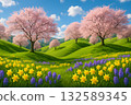 Blooming Cherry Trees Overlooking a Colorful Flower Field of Daffodils and Hyacinths in a Serene Green Hill Landscape with Clear Blue Sky 132589345