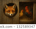 Whimsical Predator Versus Prey Moment: Fox Framed in Circular Hole Observes Chickens on Straw in Cozy Rural Setting for Storytelling Use 132589347