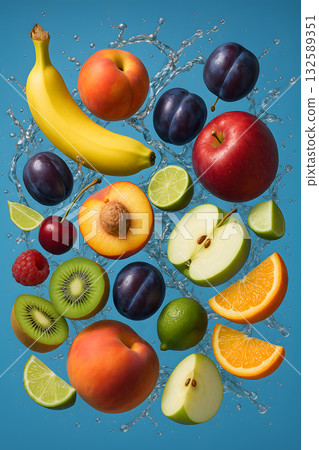 Studio Photograph of Juicy Assorted Fruits in Motion with Blue Background Water Splashes High Contrast Saturation and Clean Composition Studio Photograph of Juicy Assorted Fruits in Motion with Blue Background Water Splashes High Contrast Saturation and Clean Composition 132589351