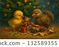 Impressionist Christmas Card of One Chick and One Poult Inspecting Presents by a Decorated Tree, Painterly Holiday Scene with Warm Glow 132589355
