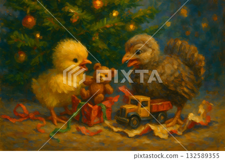 Impressionist Christmas Card of One Chick and One Poult Inspecting Presents by a Decorated Tree, Painterly Holiday Scene with Warm Glow Impressionist Christmas Card of One Chick and One Poult Inspecting Presents by a Decorated Tree, Painterly Holiday Scene with Warm Glow 132589355
