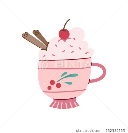 a cute illustration with a pink cup of warm drink, with cream, cinnamon and a red cherry on top 132589535