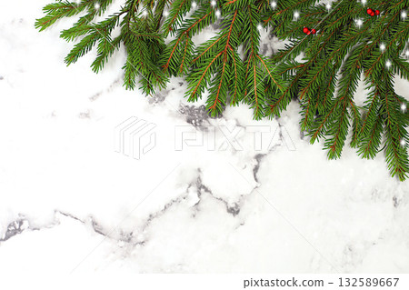 Christmas and New Year 2024 background with fir branches in snowflakes on a marble table, toys and decorations, banner for holiday screen, template for design. Holiday card, selective focus, 132589667