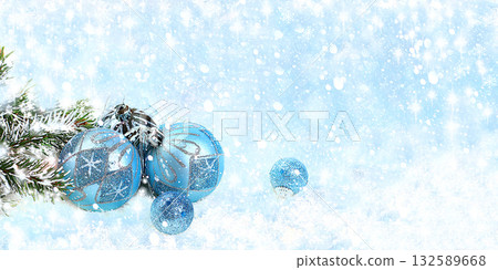 Christmas and New Year layout for design, banner for screen, holiday background with fir branches, pine cones and decorations with place for text, greeting card, selective focus 132589668