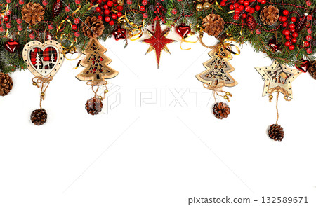 Christmas and New Year layout for design, banner for screen, holiday background with fir branches, pine cones and decorations with place for text, greeting card, selective focus Christmas and New Year layout for design, banner for screen, holiday background with fir branches, pine cones and decorations with place for text, greeting card, selective focus 132589671