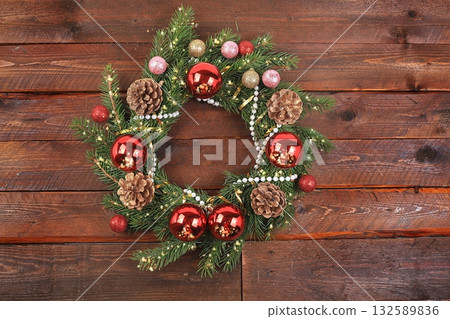 Christmas wreath, Xmas and New Year background, festive decorations, fir branches and red rowan berries, banner, place for text. New Year Card, Internet Content Advertising 132589836
