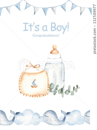 Watercolor baby shower invitation, card template for a boy with milk bottle, bib, and whale sea border in vintage style. Ideal for newborn celebration, gender birth party, its a boy card. 132589977