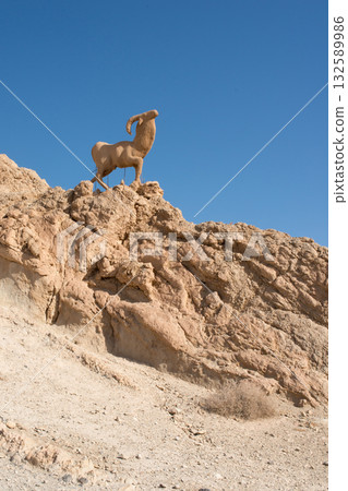 Mountain peak in Chebika oasis with sculpture of mountain goat. Tunisia 132589986