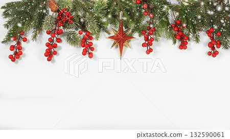 Christmas and New Year mockup for design, screen banner, festive background with fir branches, pine cones and decorations with place for text, postcard, selective focus Christmas and New Year mockup for design, screen banner, festive background with fir branches, pine cones and decorations with place for text, postcard, selective focus 132590061