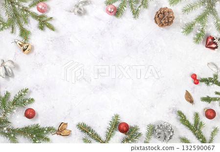 Happy New Year 2023. Christmas decorations, creative background with Christmas decorations, balls and fir branches with lights and snow, greeting cards, banner for display 132590067