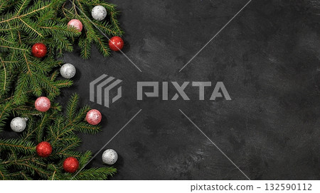 Christmas and New Year mockup for design, screen banner, festive background with fir branches, pine cones and decorations with place for text, postcard, selective focus 132590112