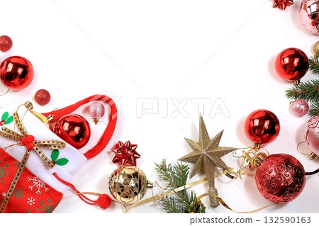 Christmas background and new year 2022 concept, beautiful holiday decorations on white background with greeting text, postcard, winter banner for screen with place for text, selective focus Christmas background and new year 2022 concept, beautiful holiday decorations on white background with greeting text, postcard, winter banner for screen with place for text, selective focus 132590163