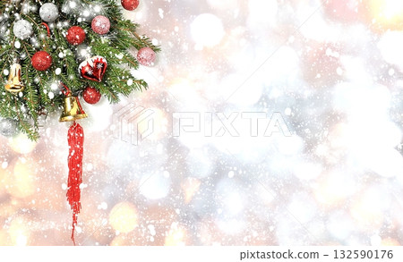 Happy new year 2023. Christmas decorations, creative background with Christmas decorations, balls and fir branches with lights and snow, greeting cards, display banner with place for text, Happy new year 2023. Christmas decorations, creative background with Christmas decorations, balls and fir branches with lights and snow, greeting cards, display banner with place for text, 132590176