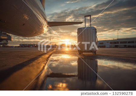Suitcase by Airplane Wing in Golden Morning Light at Airport 132590278