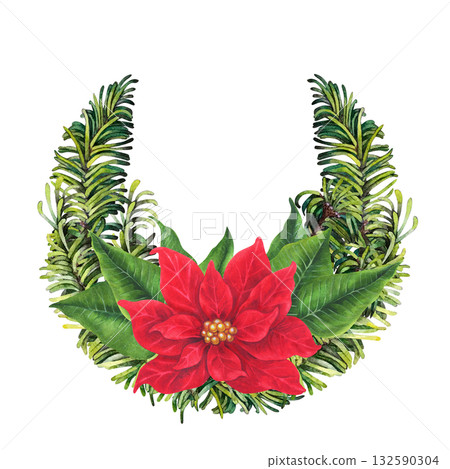 Red poinsettia in Christmas semicircular bouquet. Red and green watercolors gives warmth. Flowers, berries, holly leaves, fir branches for your home, shop, table setting, sticker, scrapbook, gift card Red poinsettia in Christmas semicircular bouquet. Red and green watercolors gives warmth. Flowers, berries, holly leaves, fir branches for your home, shop, table setting, sticker, scrapbook, gift card 132590304
