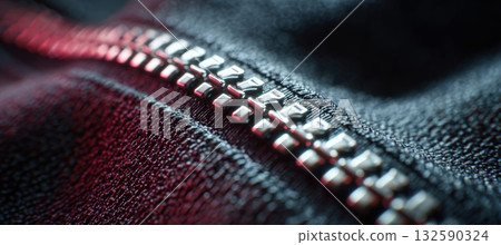 Macro Shot of Zipper on Fabric with Glowing Light in Minimalistic Banner 132590324