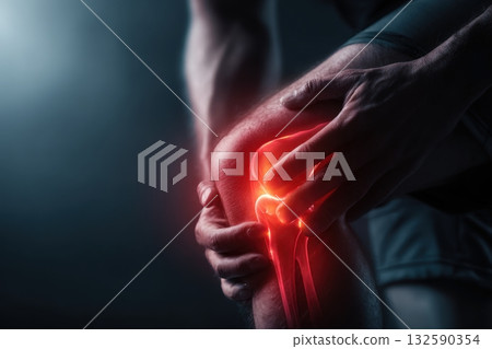 Man Holding Knee with Glowing Red Joint Inflammation in Dramatic Lighting 132590354