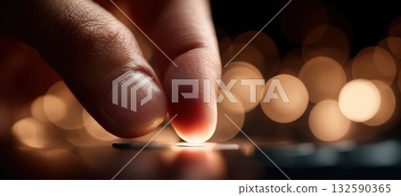 Macro Shot of Finger Pressing Camera Shutter with Glowing Background 132590365