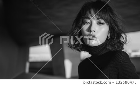 Monochrome female portrait that combines serenity and beauty 132590473