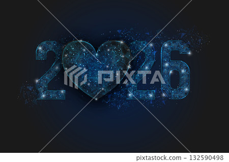 Abstract isolated blue image of new year number 2026. Polygonal low poly wireframe illustration looks like stars in the black night sky in space or flying glass shards. Digital web, internet design. 132590498