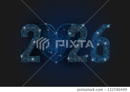 Abstract isolated blue image of new year number 2026. Polygonal low poly wireframe illustration looks like stars in the black night sky in space or flying glass shards. Digital web, internet design. 132590499