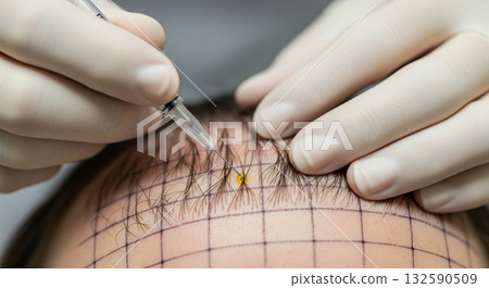 A powerful, close-up image showing a medical procedure for hair restoration, likely a PRP (Platelet-Rich Plasma) injection, on a patient's scalp A powerful, close-up image showing a medical procedure for hair restoration, likely a PRP (Platelet-Rich Plasma) injection, on a patient's scalp 132590509