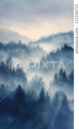 Misty Pine Forest Watercolor with Pale Dawn Gradient 132590723