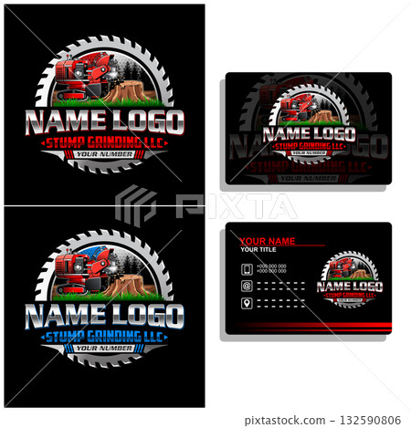 Stump grinding and removal logo design. Tree cutting service logo template. Stump Grinder vector illustration 132590806