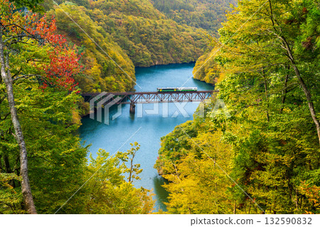 秋葉在山間盛開，火車駛過只見川三橋。 132590832