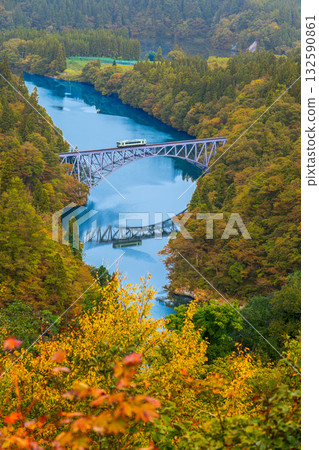秋葉在山間盛開,一列火車駛過只見線的第一座橋。 秋葉在山間盛開,一列火車駛過只見線的第一座橋。 132590861