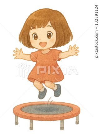 【人物】女孩在彈簧床上跳躍的插圖 / 波波頭 132591124
