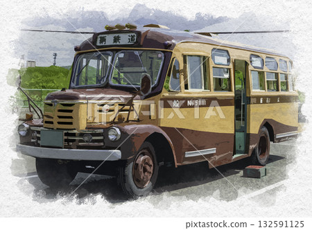 Watercolor-style bonnet bus, Tomonoura Railway, Fukuyama City, Hiroshima Prefecture Watercolor-style bonnet bus, Tomonoura Railway, Fukuyama City, Hiroshima Prefecture 132591125