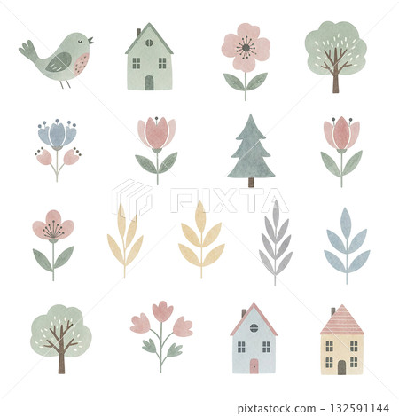 Watercolor Nordic motif set: cute illustrations of birds, houses, flowers, and trees 132591144