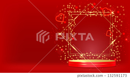 Valentines Day Luxury podium Heart 3D Style symbolizing love and elegance. For advertising marketing web design and festive event promotion. Vector illustration... 132591173