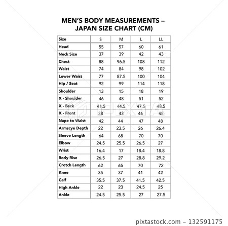 Men size Japan chart in centimeters for chest, waist, hip, shoulder, sleeve, height. Comprehensive tailoring, sewing, 132591175