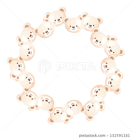 Round teddy bear frame with cute faces and space for text Round teddy bear frame with cute faces and space for text 132591181